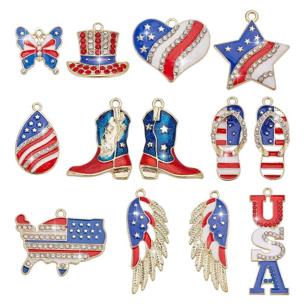 2494 26 Pcs Patriotic Charms, Rhinestone Love Heart Star American Patriotic